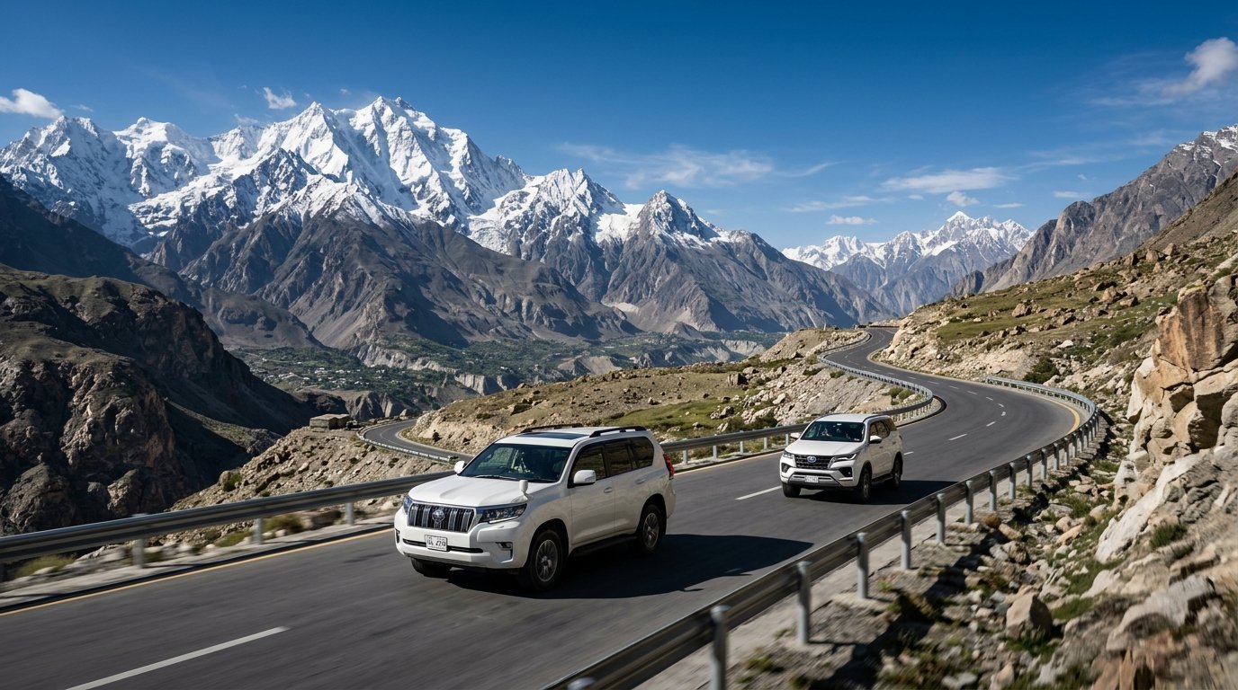 Modern luxury SUVs traveling on Babusar Pass mountain road with snow-capped peaks in Northern Pakistan
