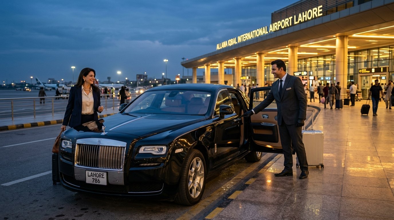 Professional chauffeur waiting with luxury rental car outside Allama Iqbal International Airport Lahore