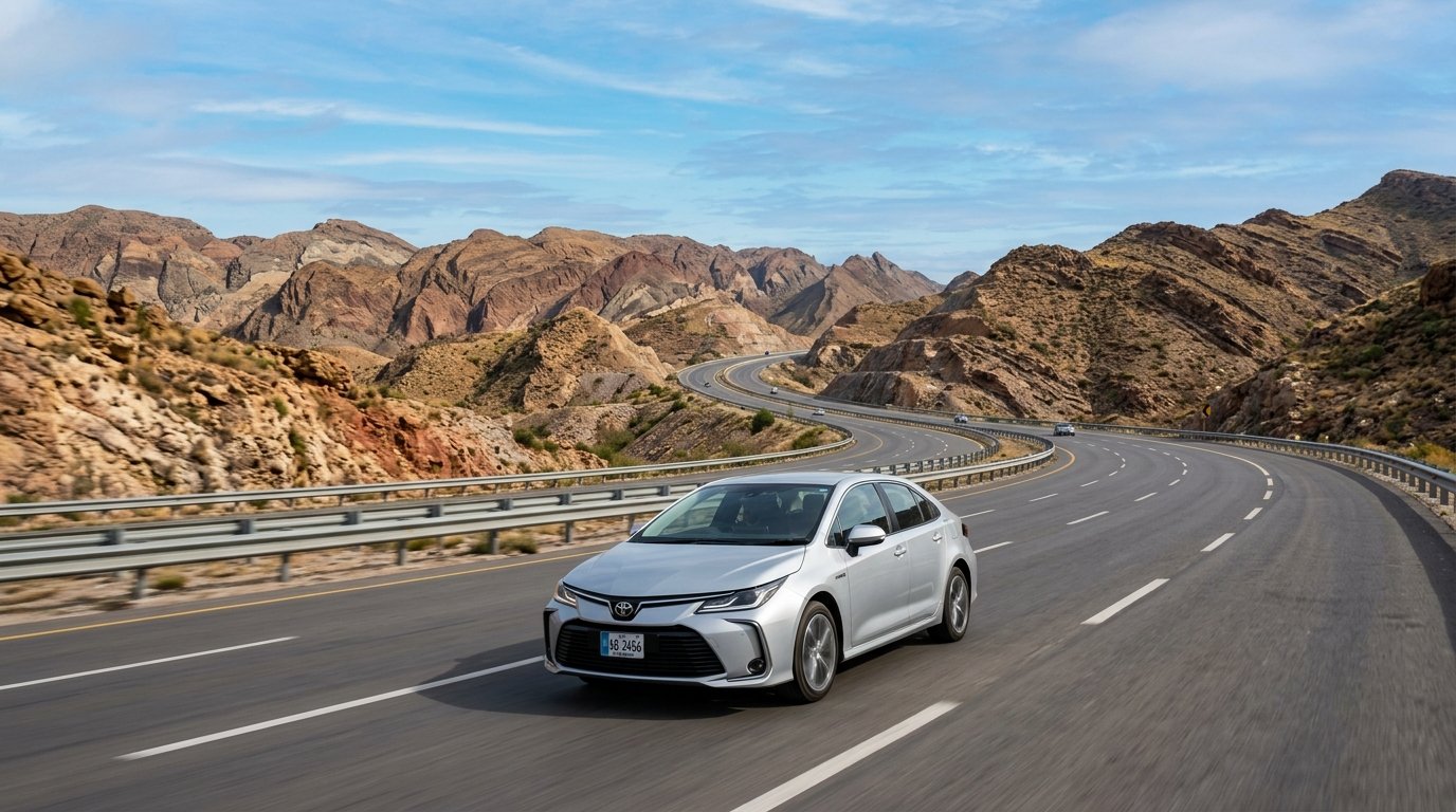 Silver sedan driving along scenic curves of Salt Range Kallar Kahar on M-2 Motorway between Lahore and KPK