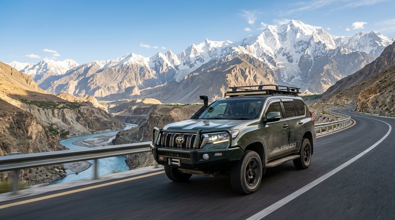 Toyota Prado 4x4 driving along Karakoram Highway with towering peaks and river canyon in Northern Pakistan KPK
