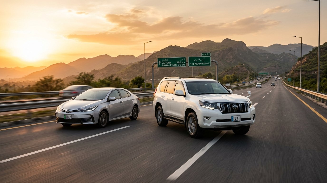 Toyota SUV driving smoothly on modern Pakistan Motorway connecting Lahore to KPK and Islamabad
