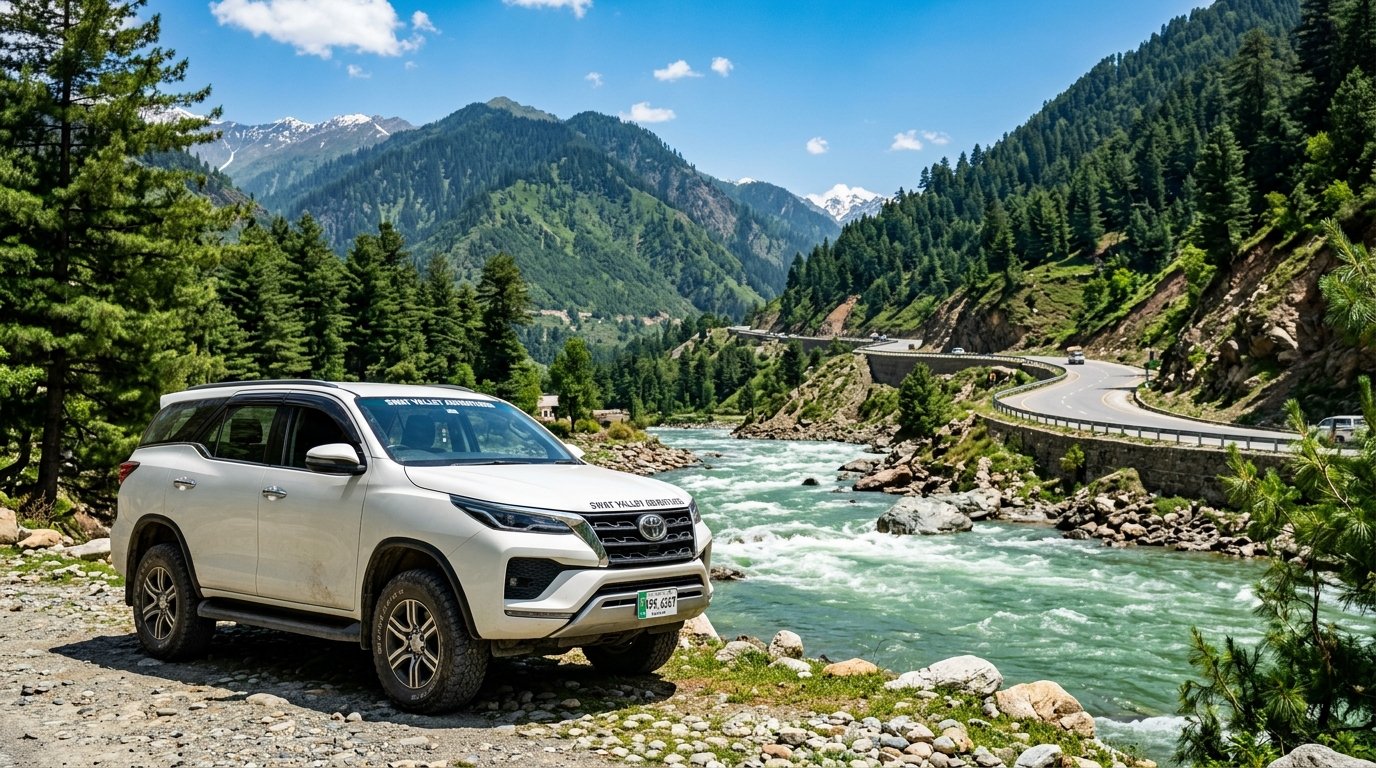 Toyota Fortuner 4x4 SUV parked by emerald Swat River with alpine pine hills in KPK