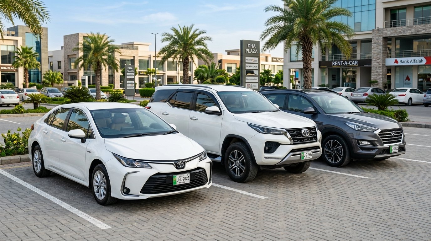Fleet of rental cars in Lahore including Toyota Corolla, modern crossover SUV, and Toyota Fortuner