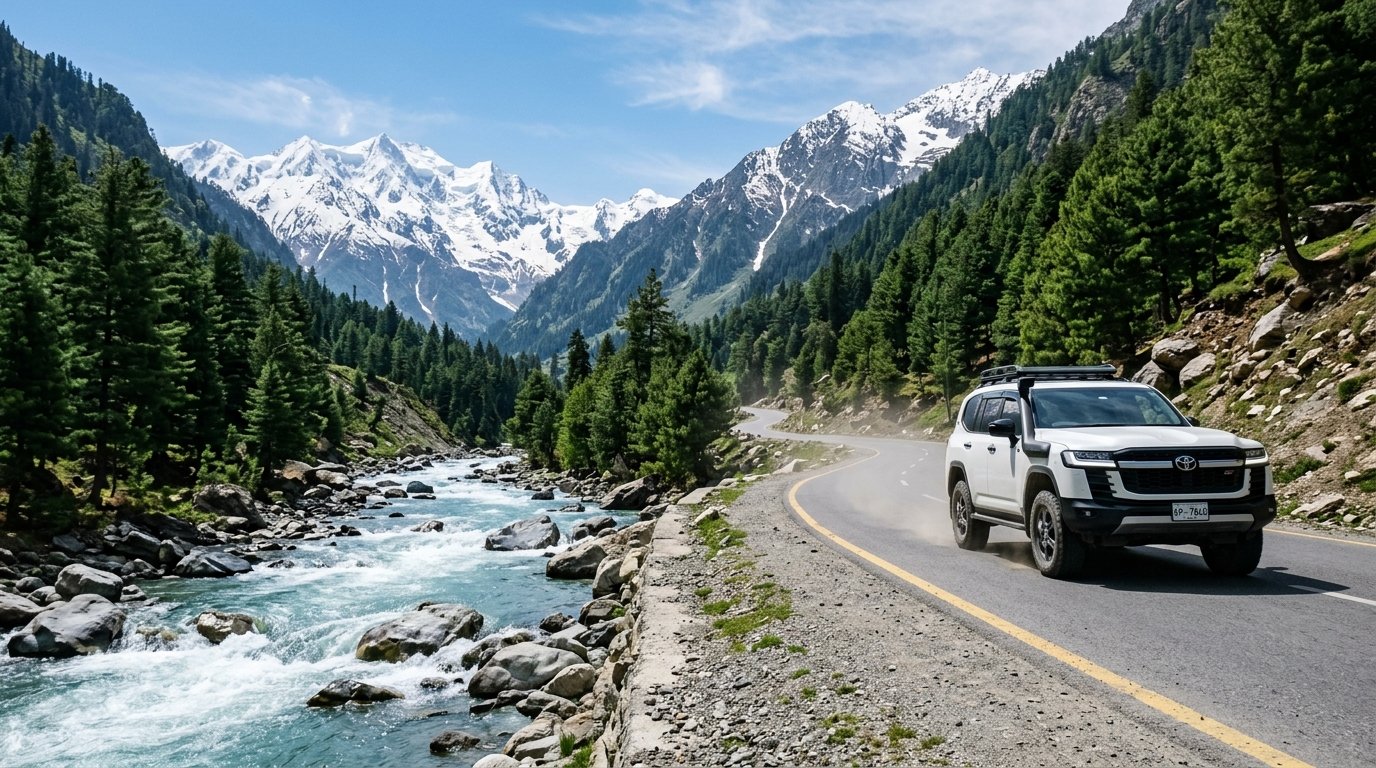 Toyota 4x4 SUV driving along mountain road in Kalam Swat Valley KPK alongside river